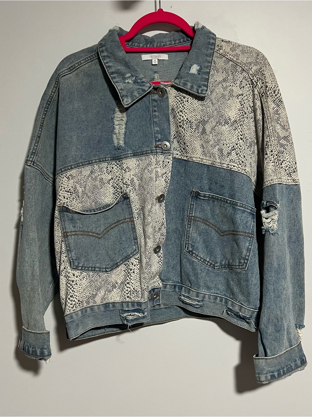 Oversized Blue Denim Jacket with Snake-Print Panels
